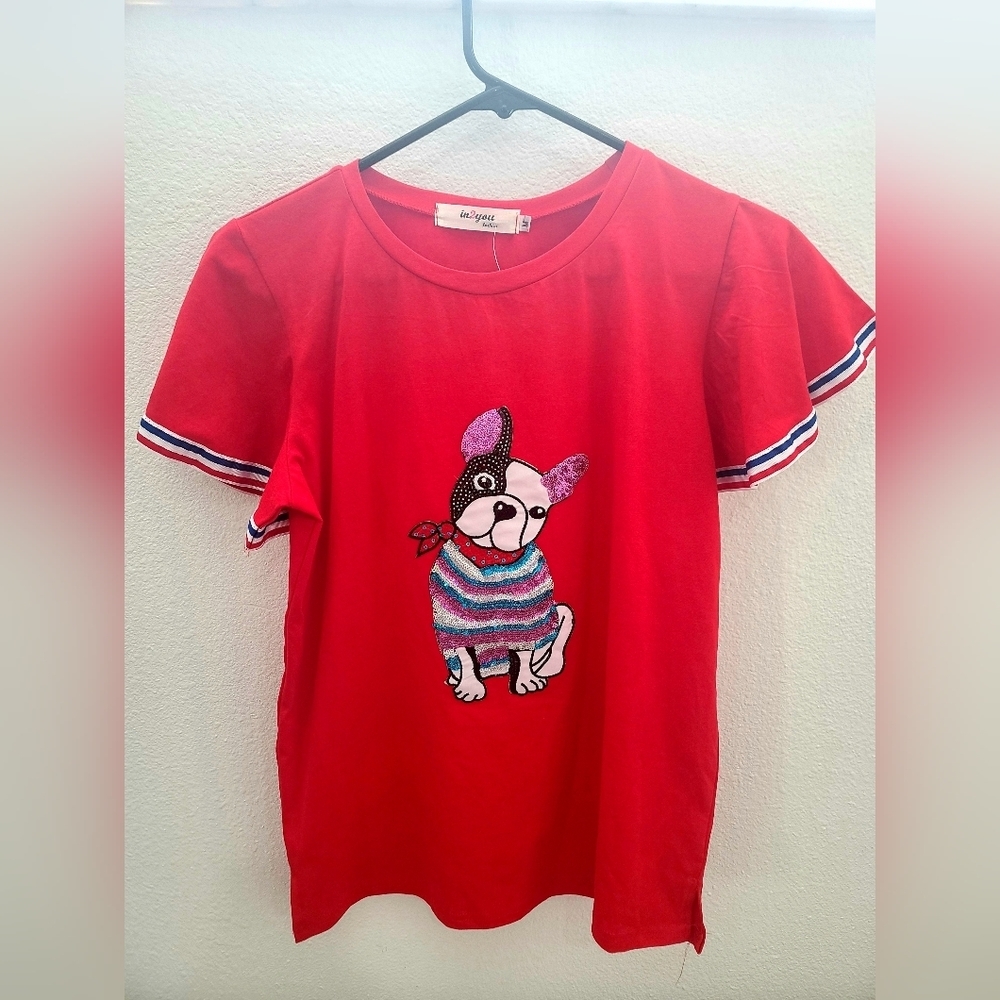 In 2 You Womens Red Top Sequined Dog